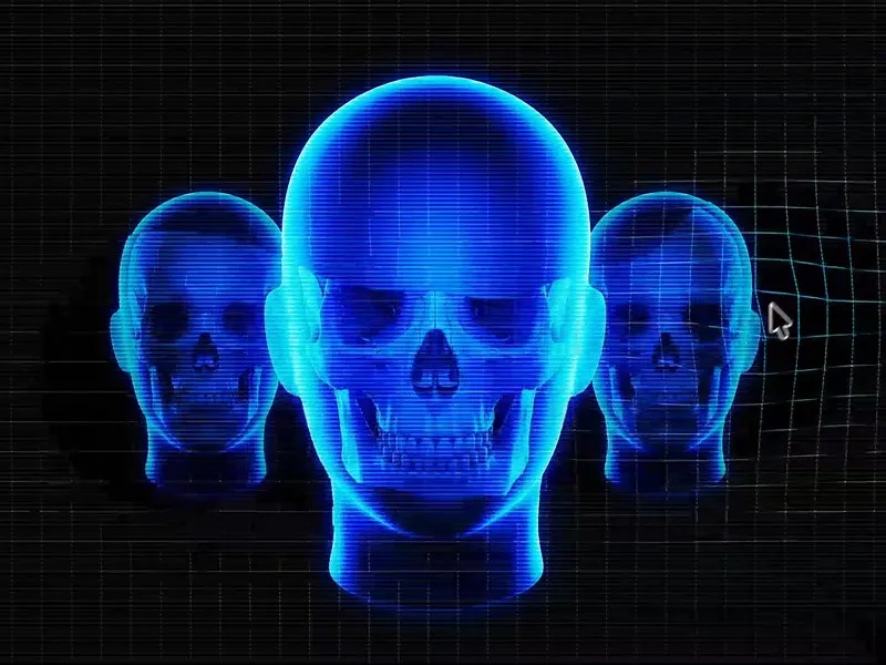 Three glowing blue skulls on a digital grid background.