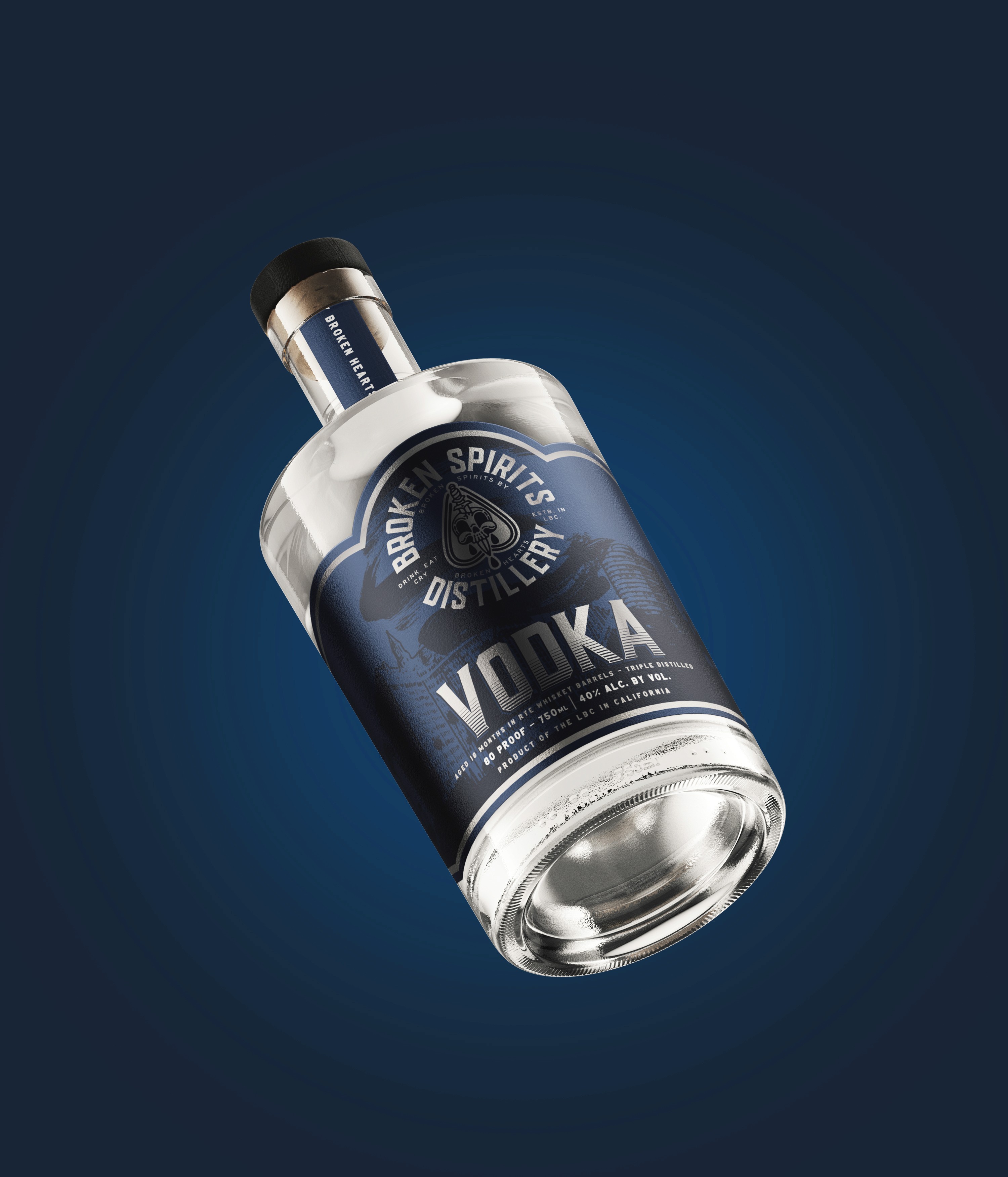 Broken Spirits vodka bottle design on blue background