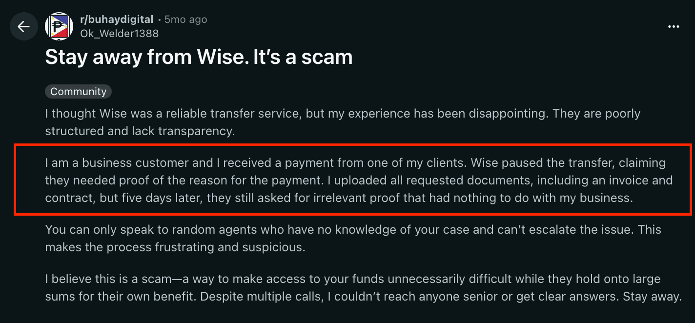 A customer complaining about Wise's for holding money and poor customer response&nbsp;