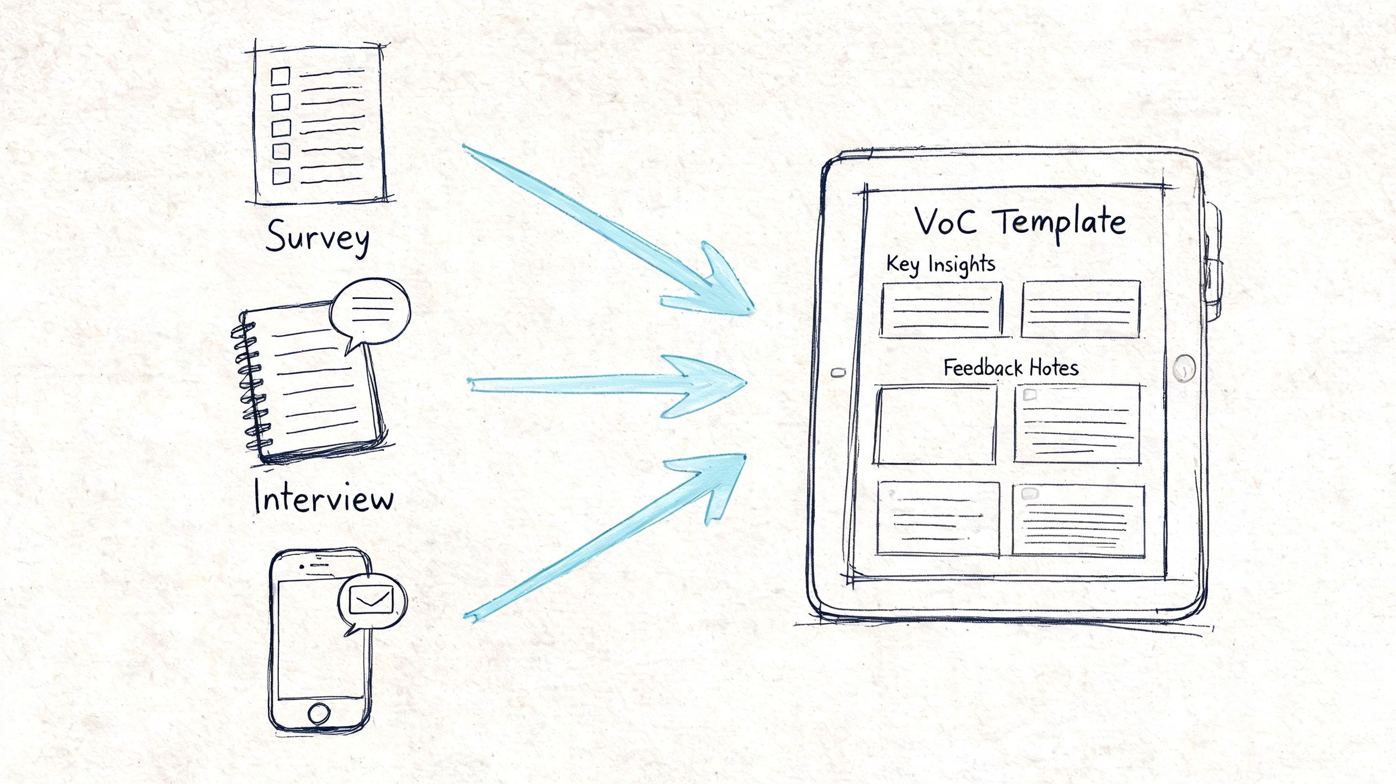A hand-drawn illustration showing survey, interview, and messaging feedback being organized into a tablet VOC template.