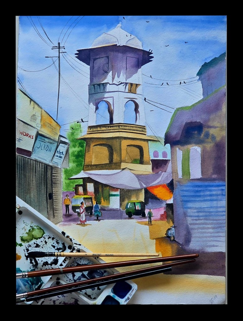 Colorful watercolor painting of an Indian street scene with buildings and a domed structure.