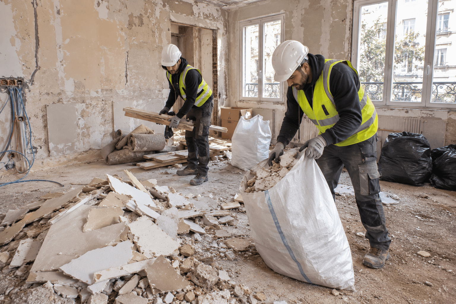 Ouvriers évacuant les déchets d’un chantier intérieur en Île-de-France