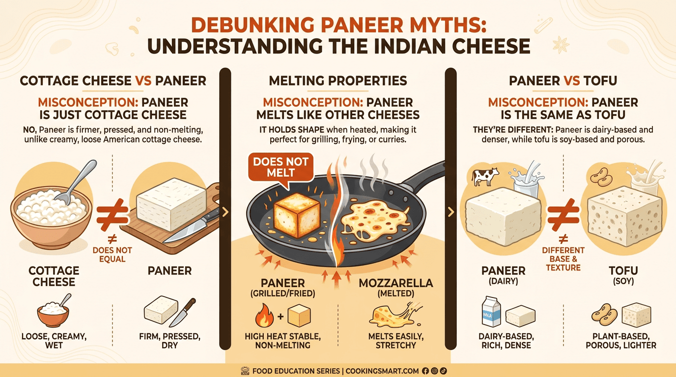 Infographic showing three common paneer misconceptions debunked