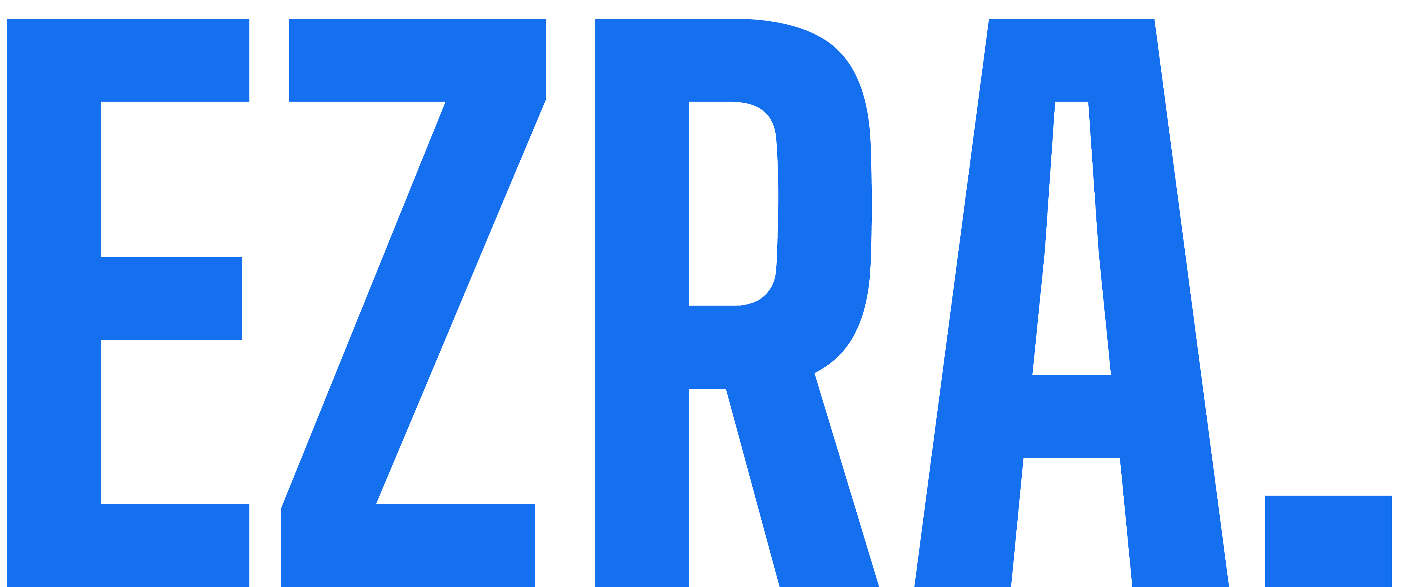 The image displays the word "EZRA" in bold blue letters on a light background.