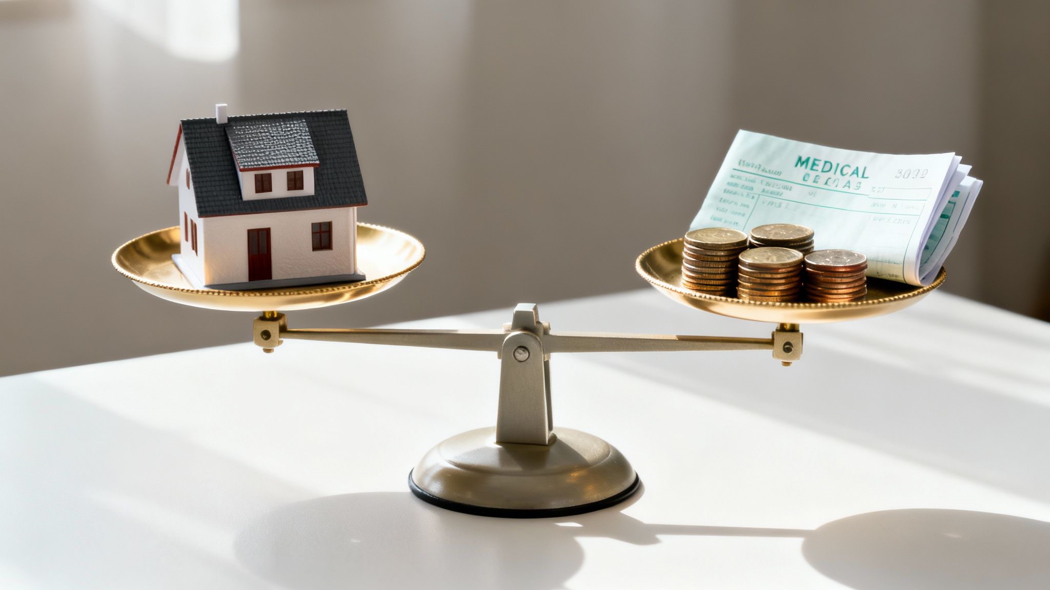 A balance scale weighs a miniature house against medical bills and stacks of coins, representing financial decisions.