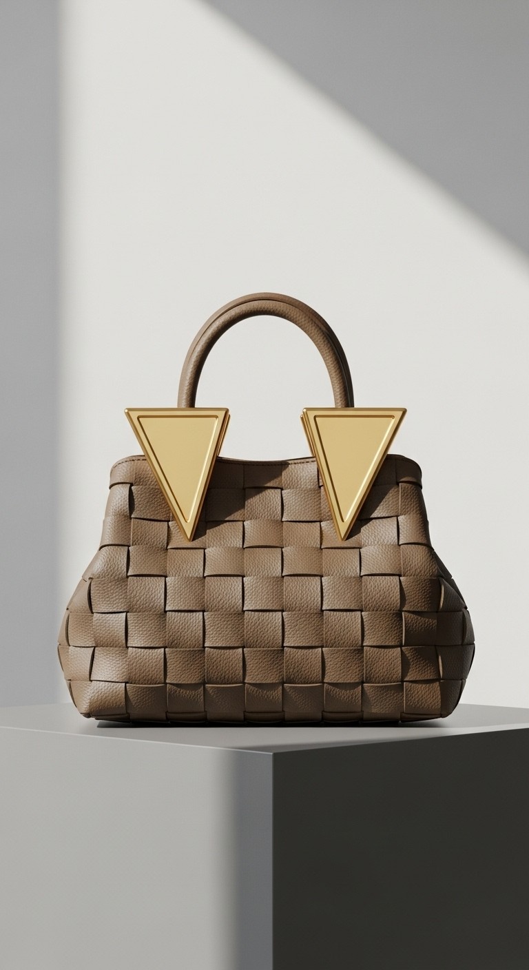 High-quality AI product visual of a luxury tan woven leather handbag with gold geometric hardware on a clean studio background