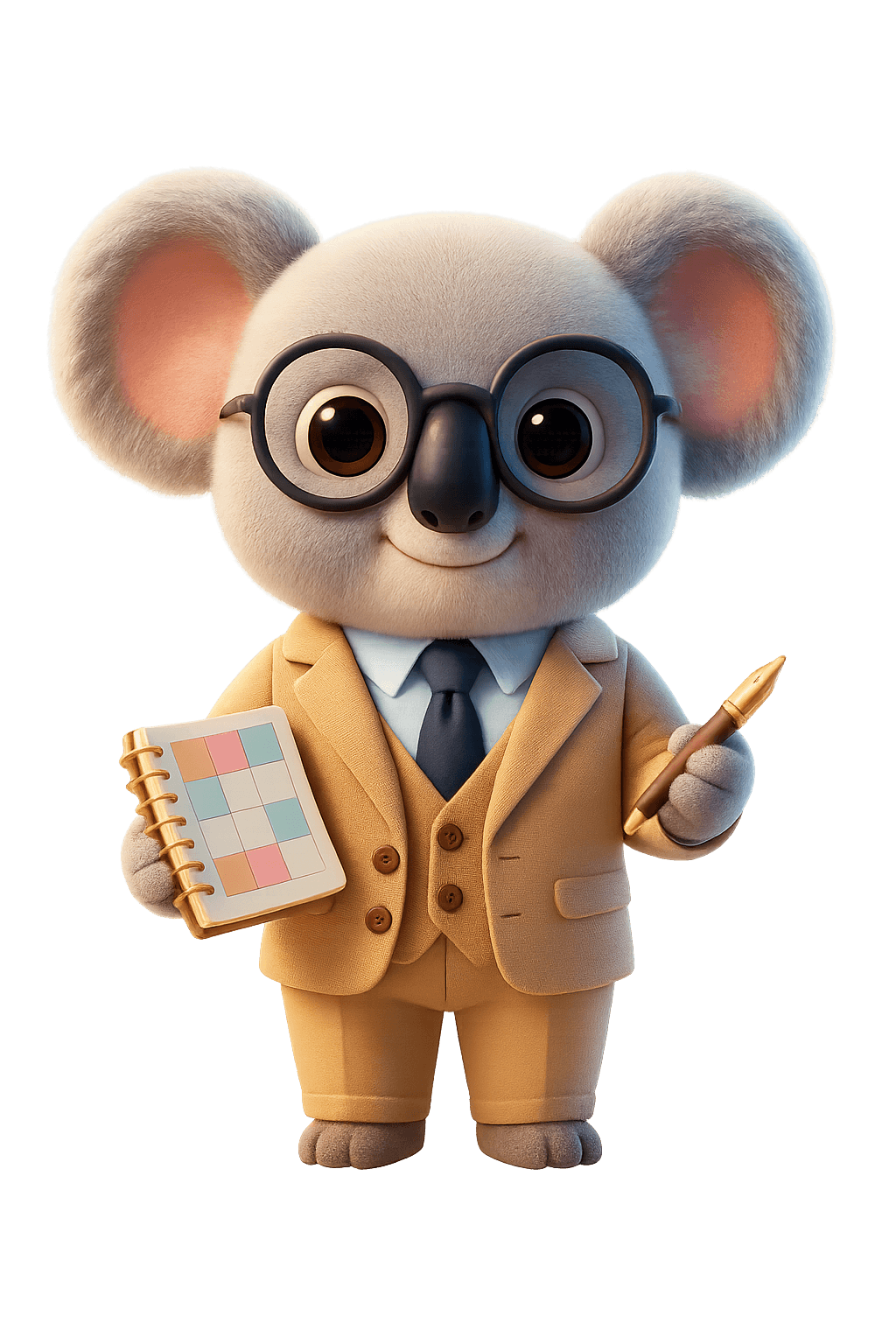 A cartoon-style koala stands against a soft light background, wearing round glasses and a beige three-piece suit with a navy tie. The koala holds a colourful planner or notebook in one hand and a gold pen in the other, smiling gently. Its appearance suggests a thoughtful, organised character—like a coach, teacher, or productivity expert—with a warm and approachable vibe.