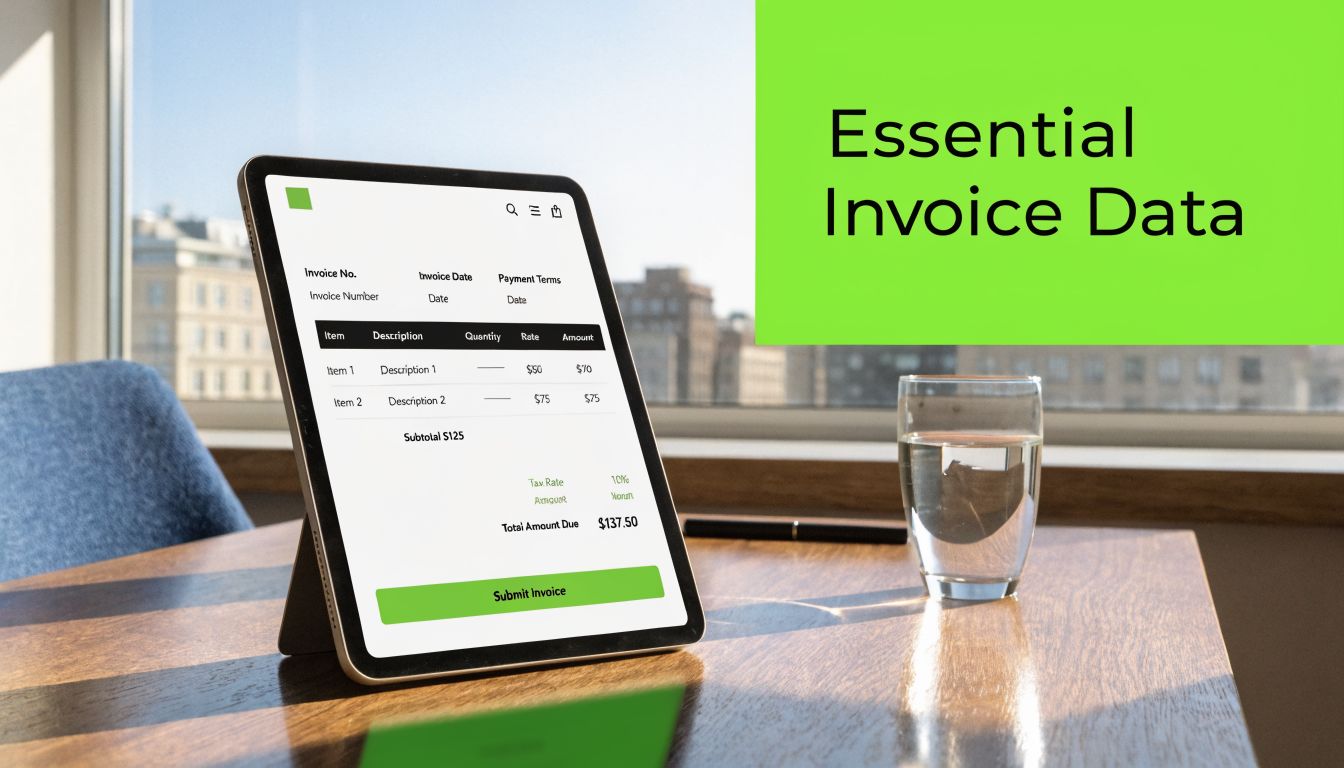 A tablet on a desk displaying an invoice form with fields for billing and payment details.