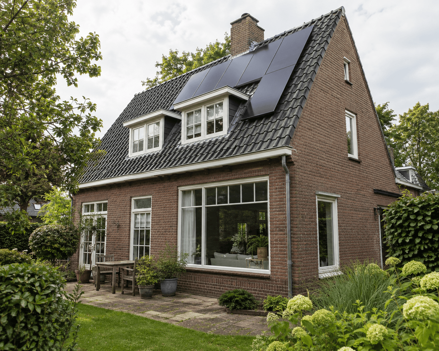 AI-gegenereerd sfeerbeeld van een Nederlandse woning met zonnepanelen