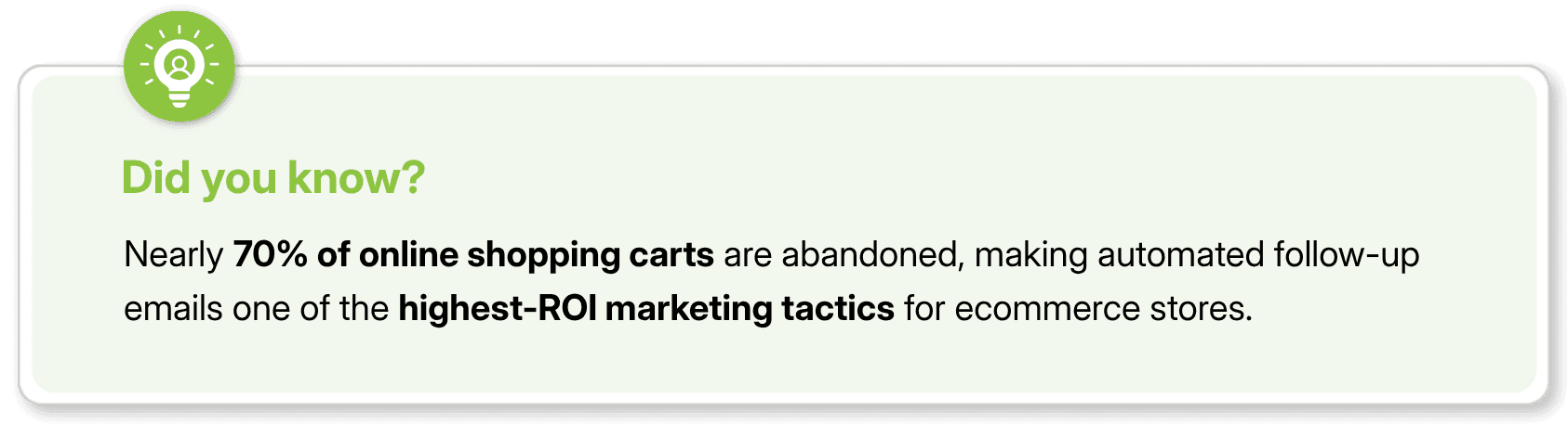 70% of carts abandoned; automated follow-up emails are high-ROI for ecommerce.