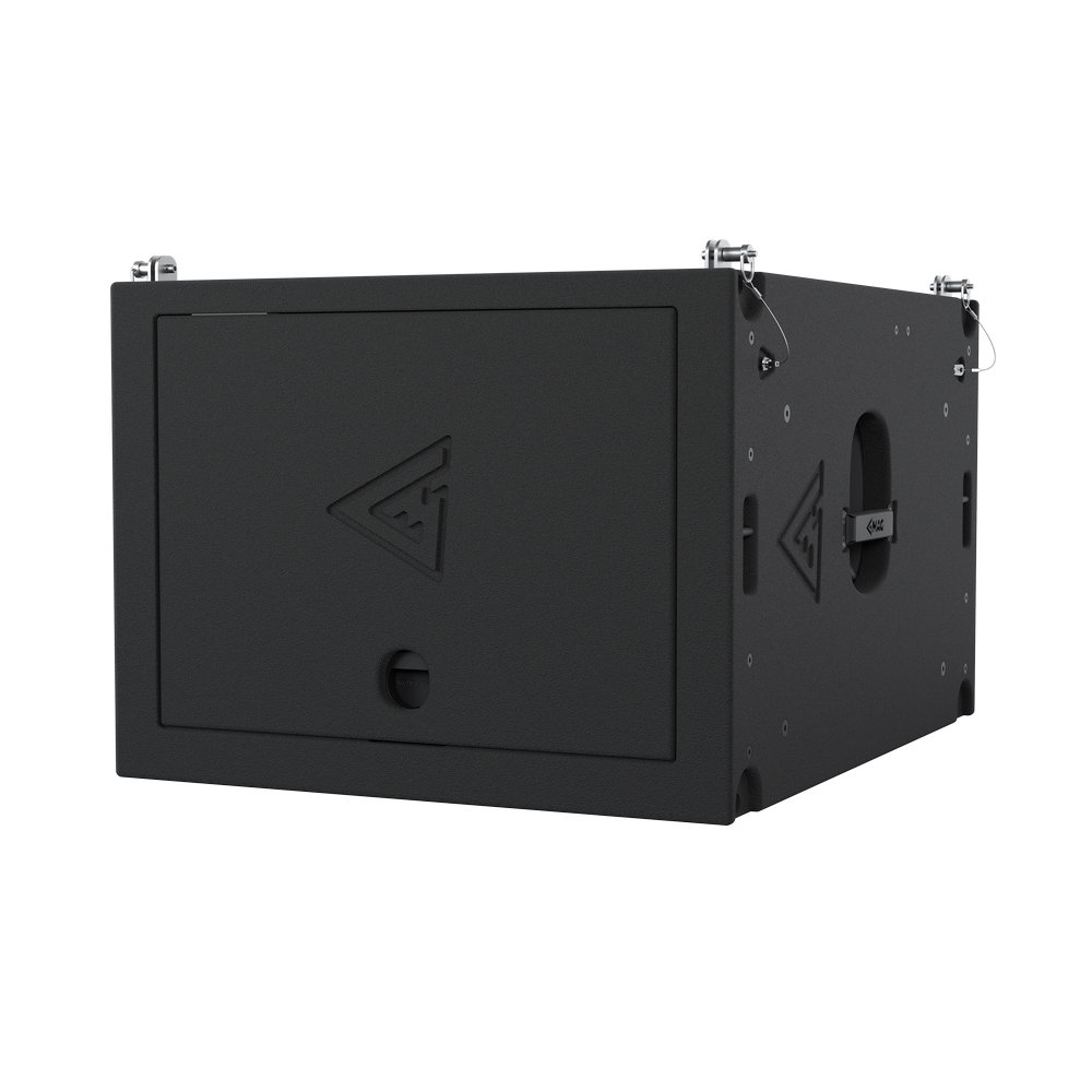 Black speaker enclosure with logo and locking mechanism.