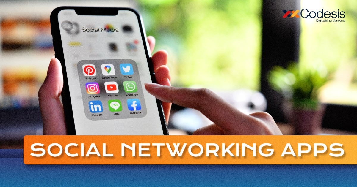 an image of a person holding mobile phone in hand and using social media apps with the finger pointing towards the screen and the text saying Social networking apps 
