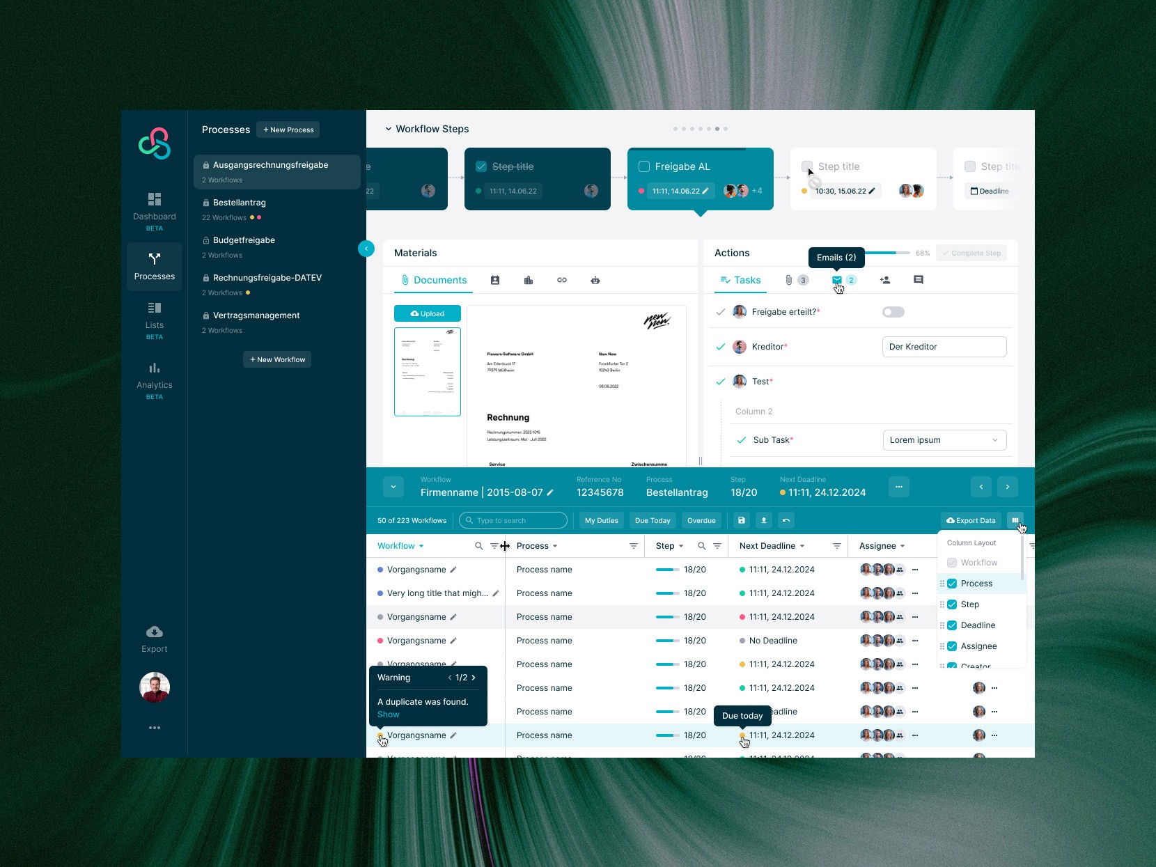 Workflow view with open table