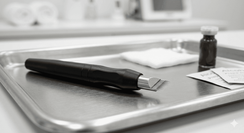 Close-up macro shot of a sleek, minimalist manual microblading pen tool resting elegantly on a sterile stainless steel tray. High-end clinical setting, soft professional lighting highlighting the delicate row of micro-needles, minimalist premium aesthetic.