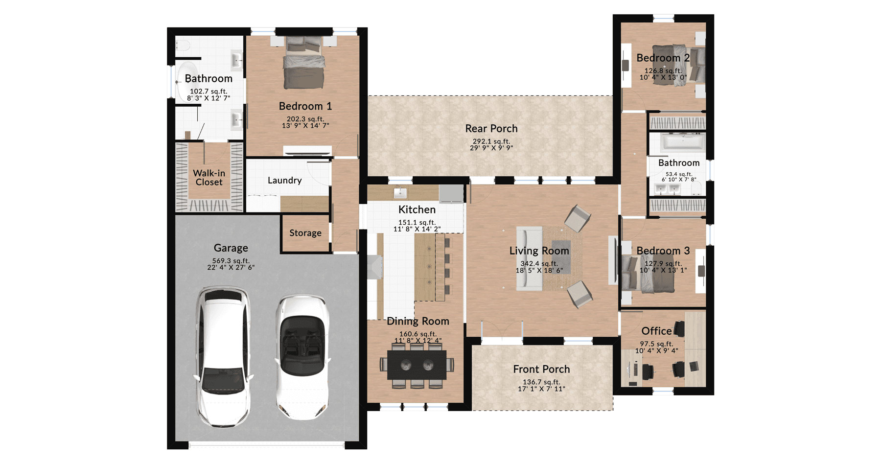 Furnished three-bedroom house layout with a modern open-concept living room, dining space, and a well-organized home office.