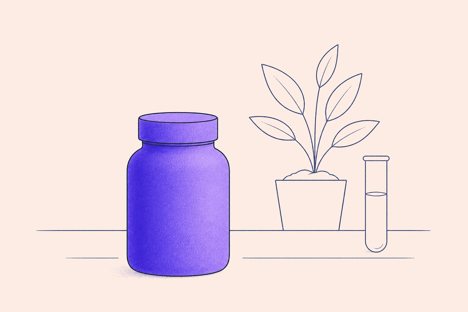 Un frasco de suplemento de color púrpura sólido sobre un mostrador al lado de una planta en maceta dibujada con líneas y un tubo de ensayo, que ilustra la pregunta de si todos tenemos deficiencia de magnesio.