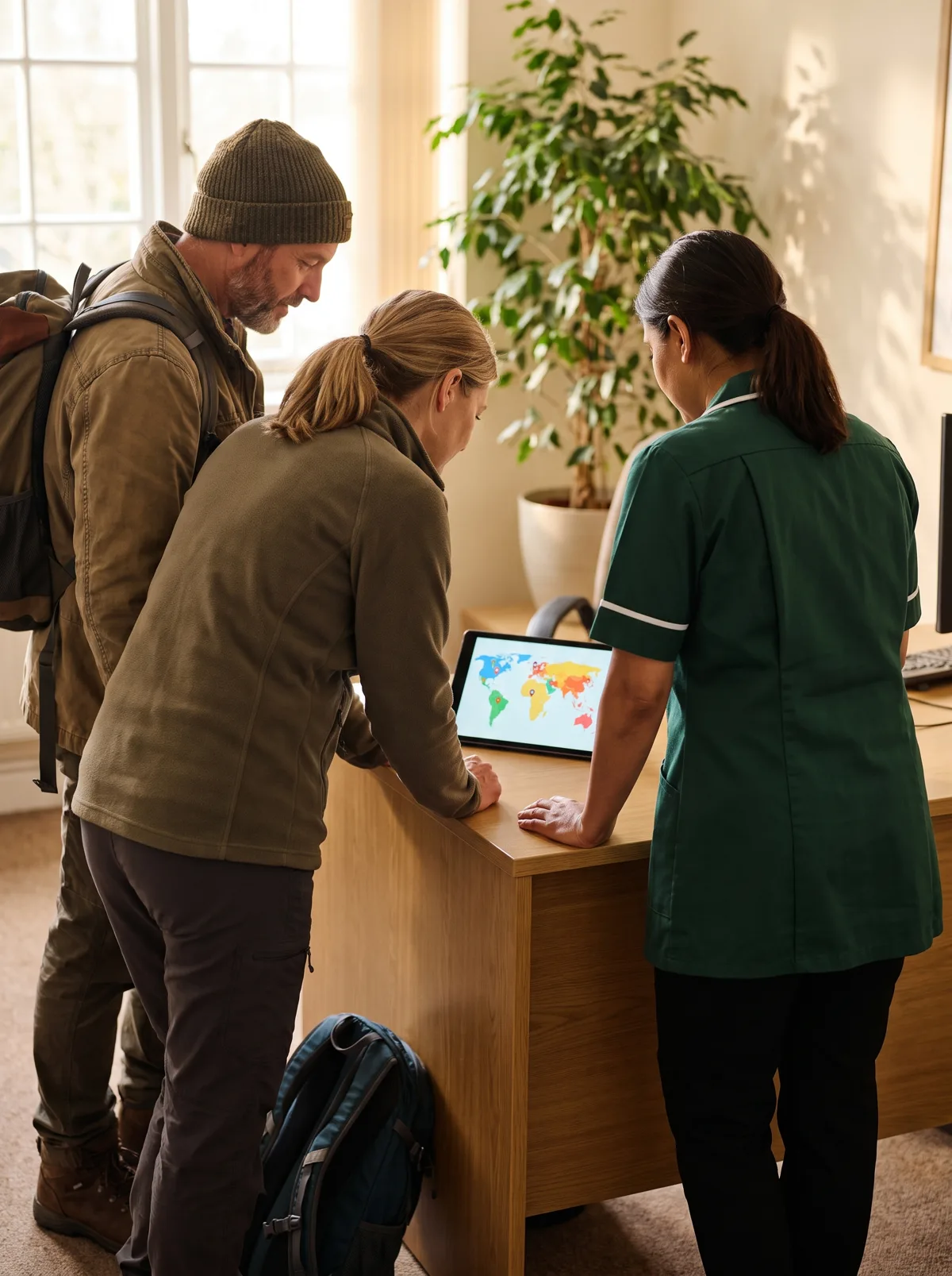 A pharmacist going through destination travel advice with a traveller at Burntwood Clinic