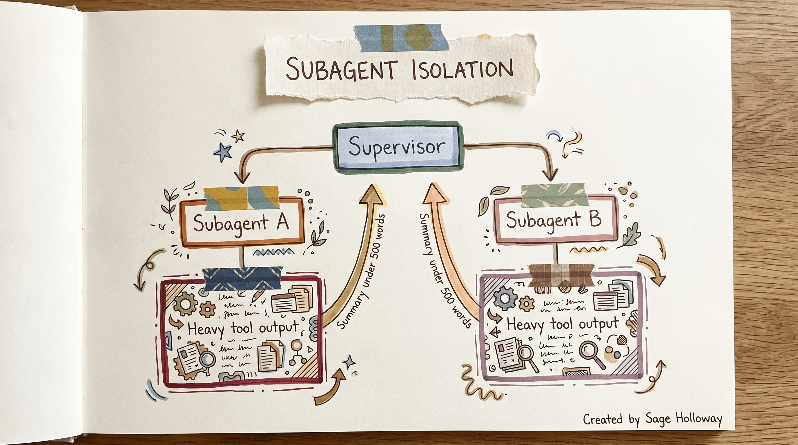 Scrapbook hierarchy diagram of a supervisor agent delegating to isolated subagent contexts