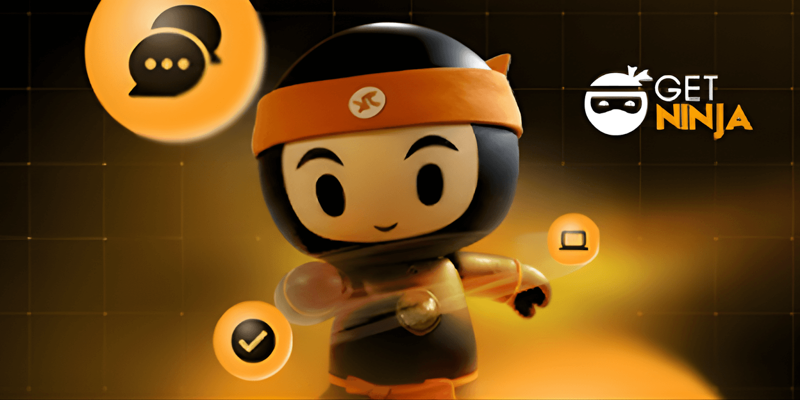 "Get Ninja logo with animated ninja character, symbolizing their virtual assistant services, offering technology integration, transparency, and scalability."