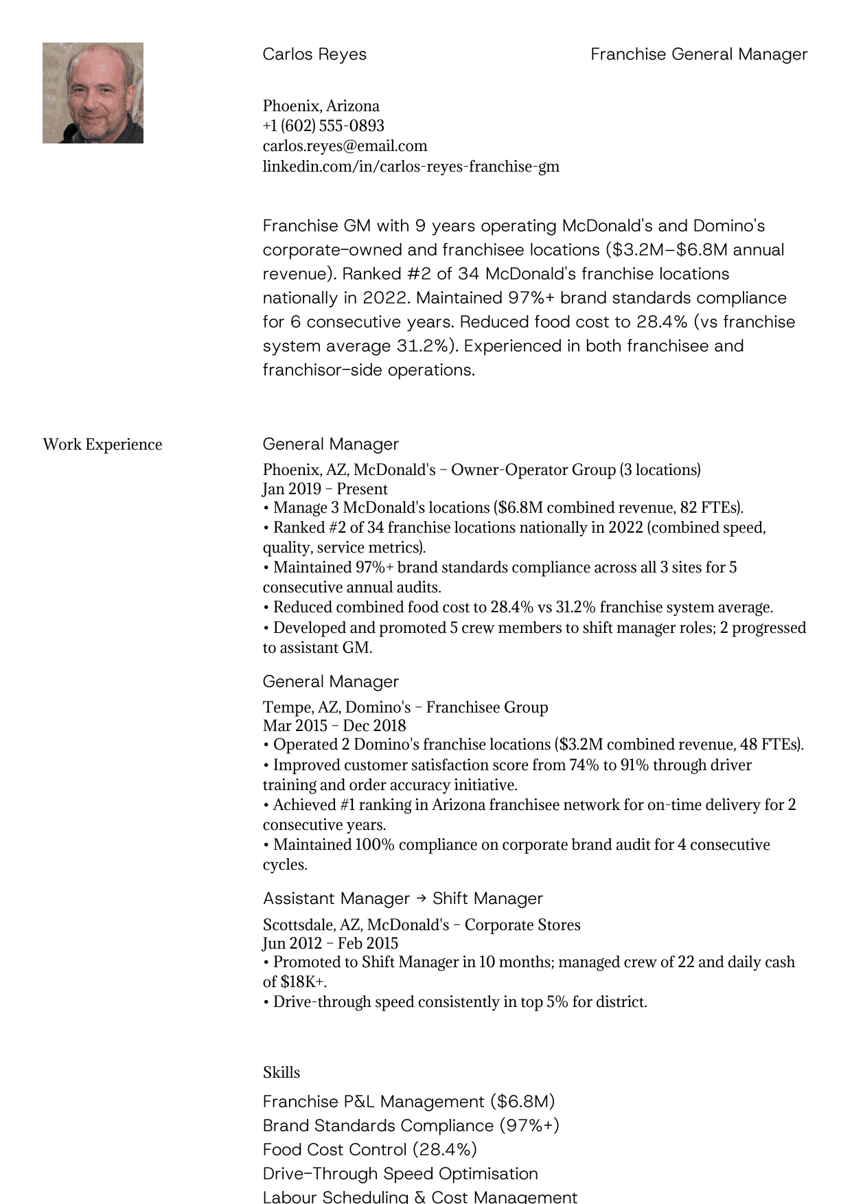 Franchise general manager resume example
