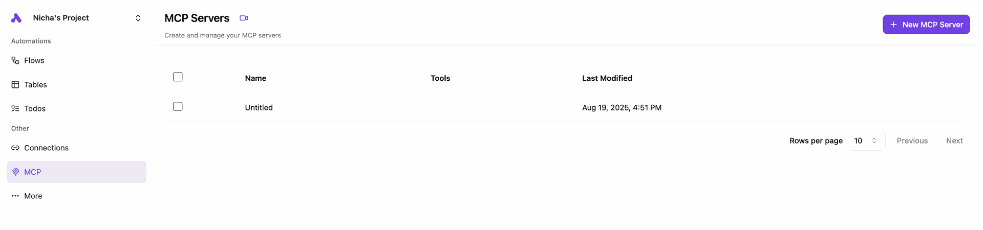 Screenshot of the Activepieces dashboard showing the navigation path Project > MCP. The MCP page lists available servers, with one server highlighted to be selected