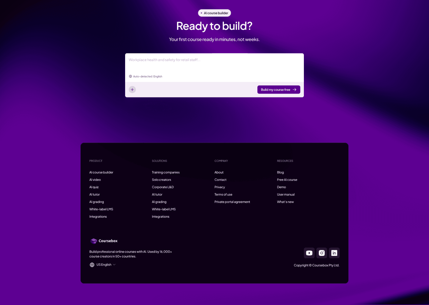 Coursebox AI course platform — homepage redesign final screens