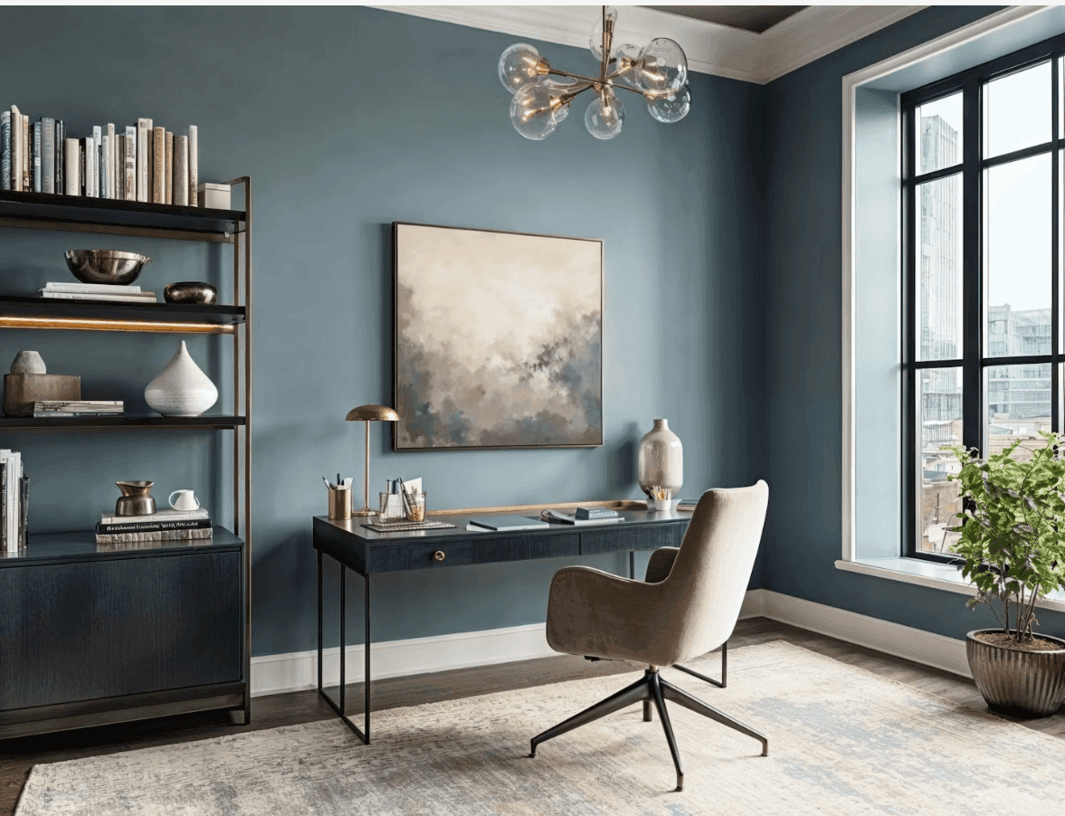 Modern co-working space with natural light, round tables, colorful chairs, and a large mural on the wall