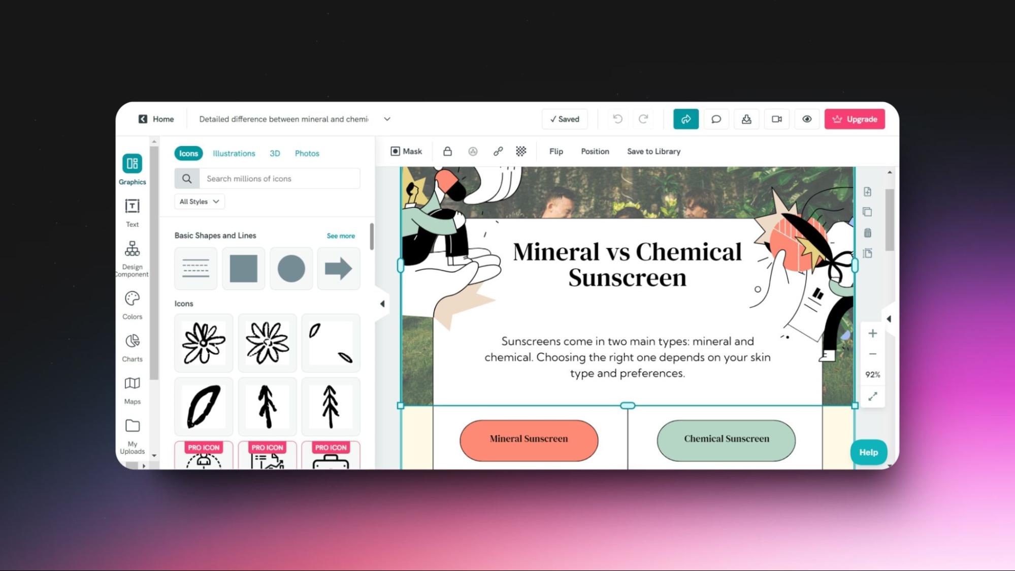 Screenshot of Piktochart editor showing an infographic about "Mineral vs Chemical Sunscreen" with icons and visual elements.