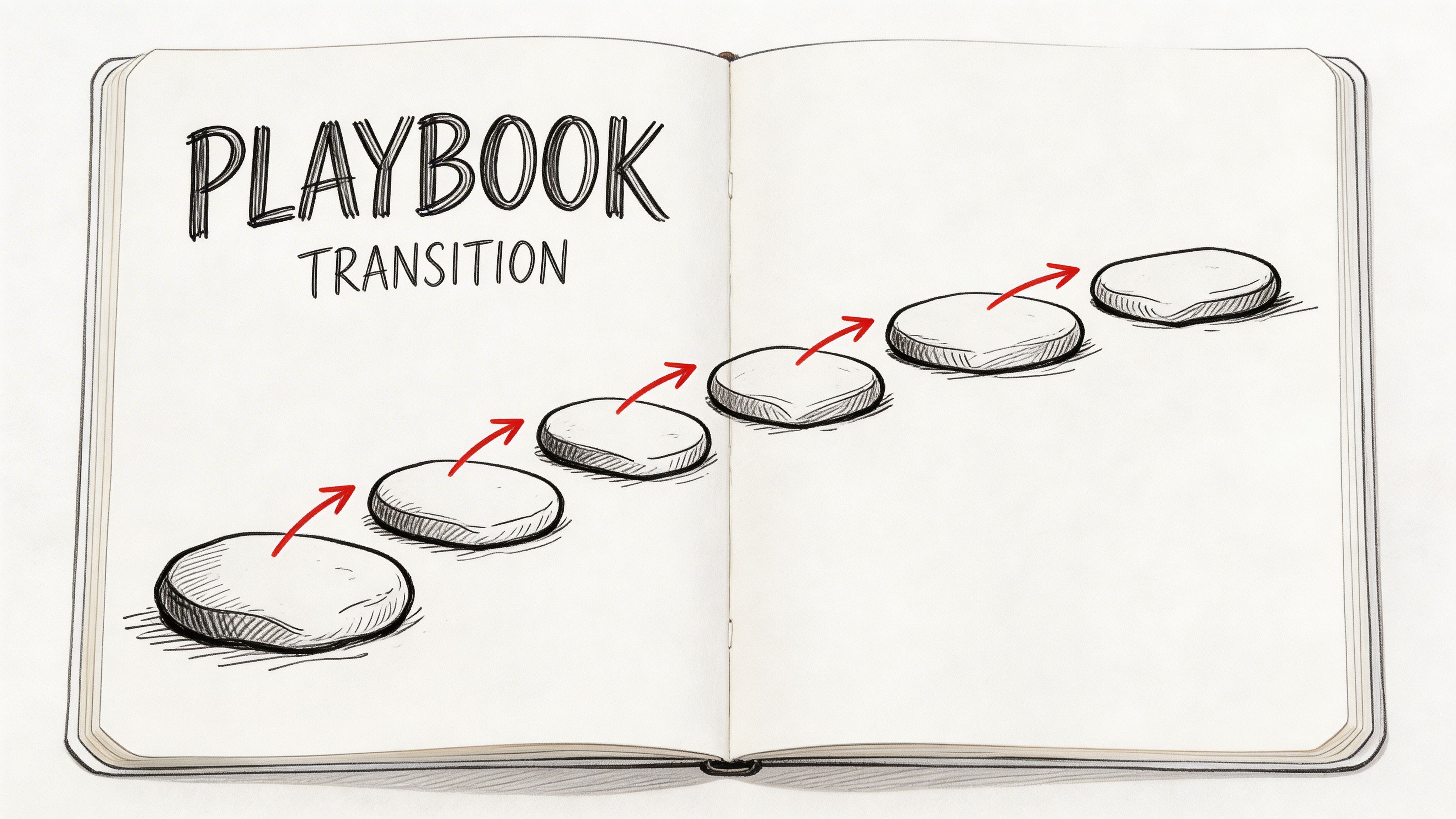 A hand-drawn notebook sketch titled Playbook Transition featuring stones arranged in an upward staircase pattern with red arrows.