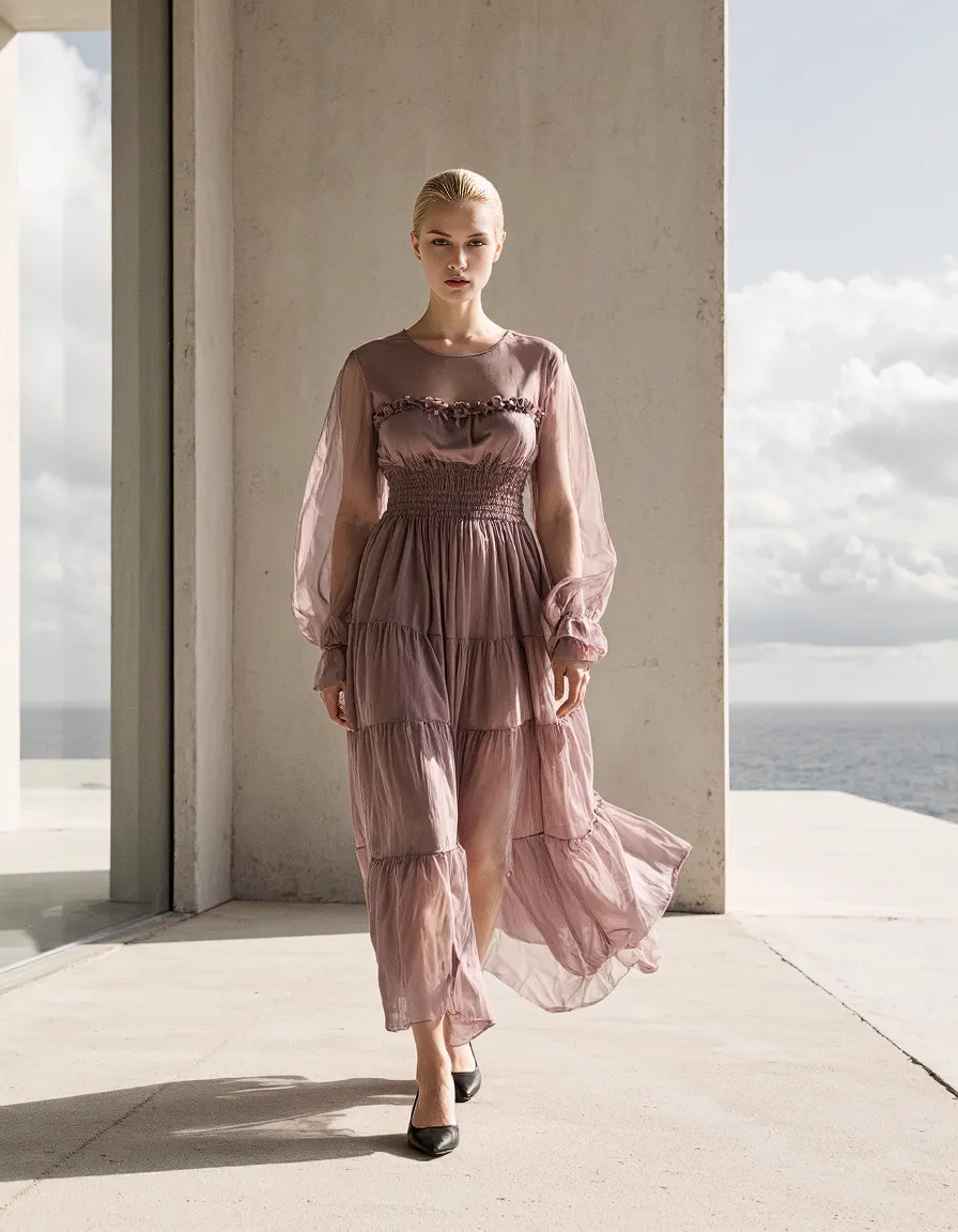 Elegant mauve tiered dress with sheer sleeves photographed against minimalist concrete architecture with ocean view in soft natural light
