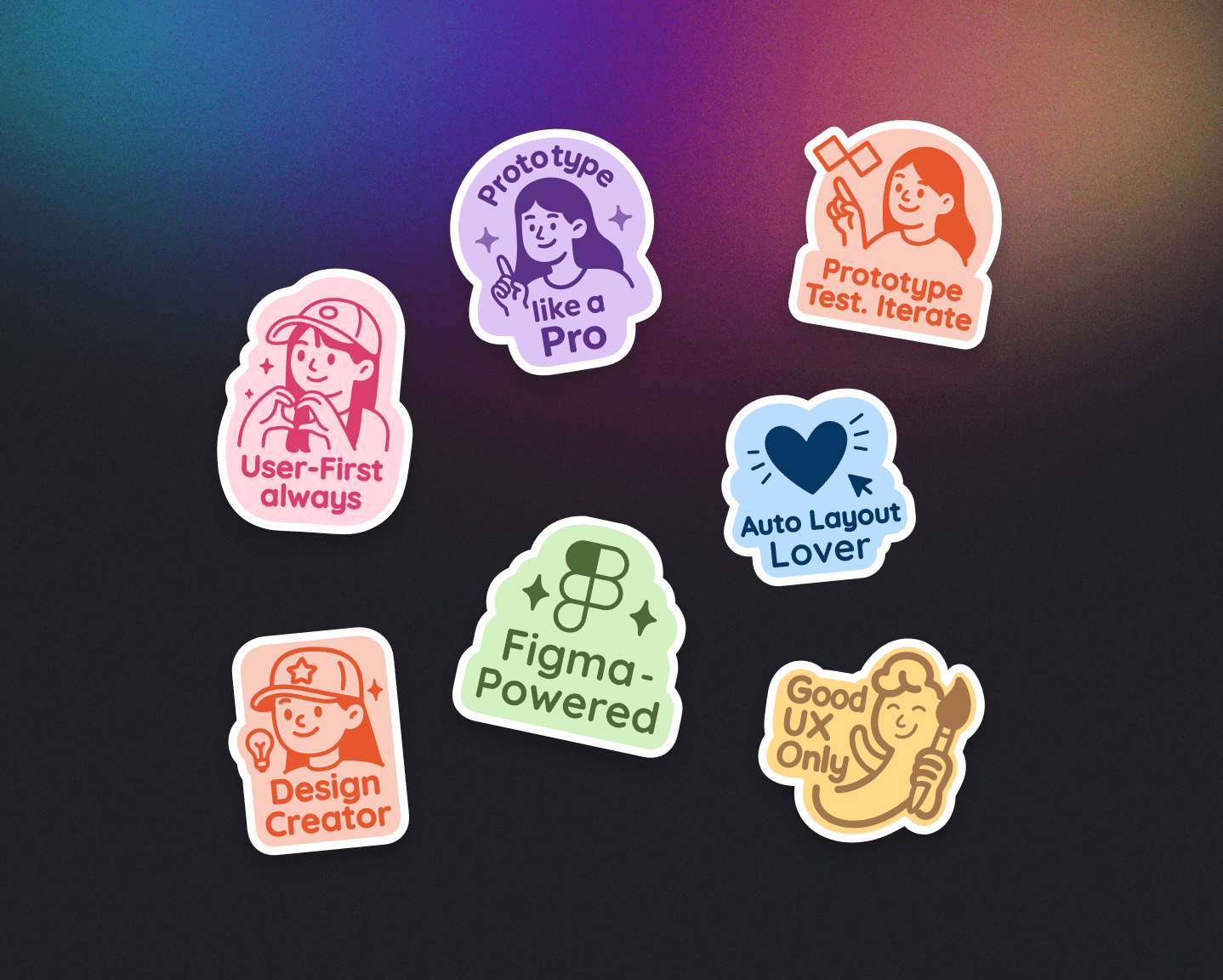 Conjunto de adesivos coloridos com frases sobre design e prototipagem, criados em estudo de prompts para inteligência artificial.