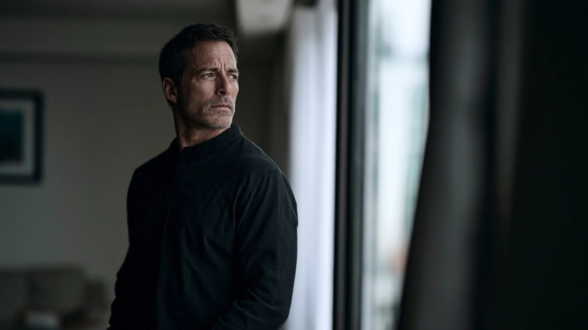 Man standing by a window turning his head slowly with eyes open