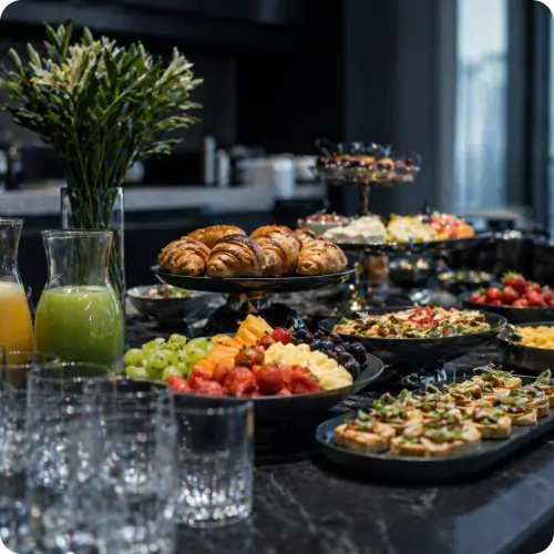 Buffet corporativo completo com frutas frescas, croissants e variedade de finger foods para coffee break executivo.