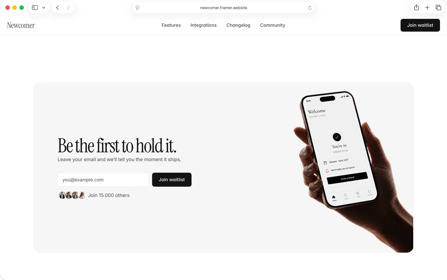 Avslutande väntelistasektion i Newcomer-mallen med rubriken "Be the first to hold it" och ett formulär för e-postanmälan.