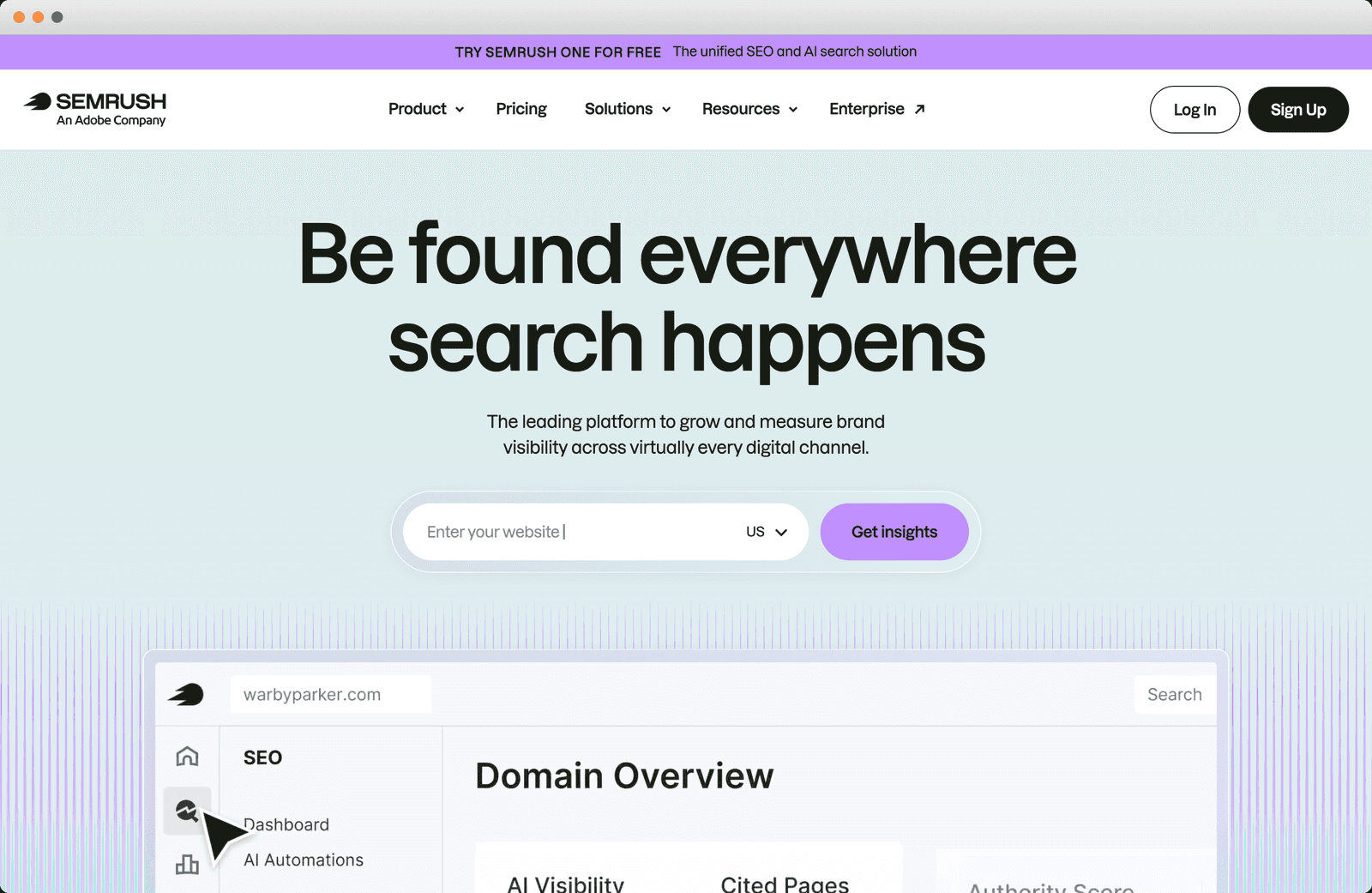 Semrush homepage, Be found everywhere search happens hero