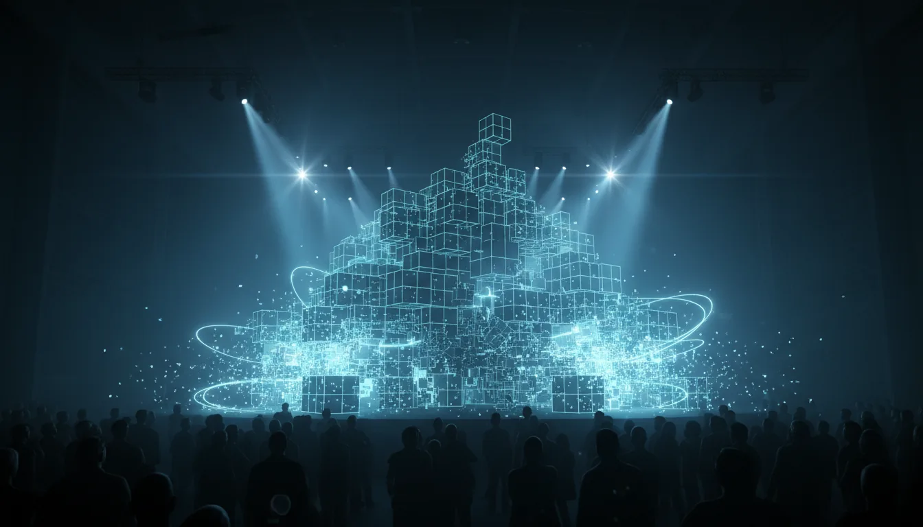 DSLR photograph of a large, complex art installation in a dark, cavernous hall, representing a virtual environment. The installation consists of glowing cyan wireframe cubes stacked together; the cubes at the bottom are shattering and exploding into glowing digital fragments. Cinematic contrast lighting with deep shadows, illuminated by background spotlights creating visible volumetric light rays and starburst lens flares in the hazy air. In the foreground, the dark silhouettes of a crowd are looking up at the scene. Moody, high-tech atmosphere with a monochromatic cool blue color palette.