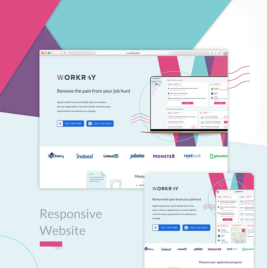 The new landing page in very bright blue, pink, purple, teal colours
