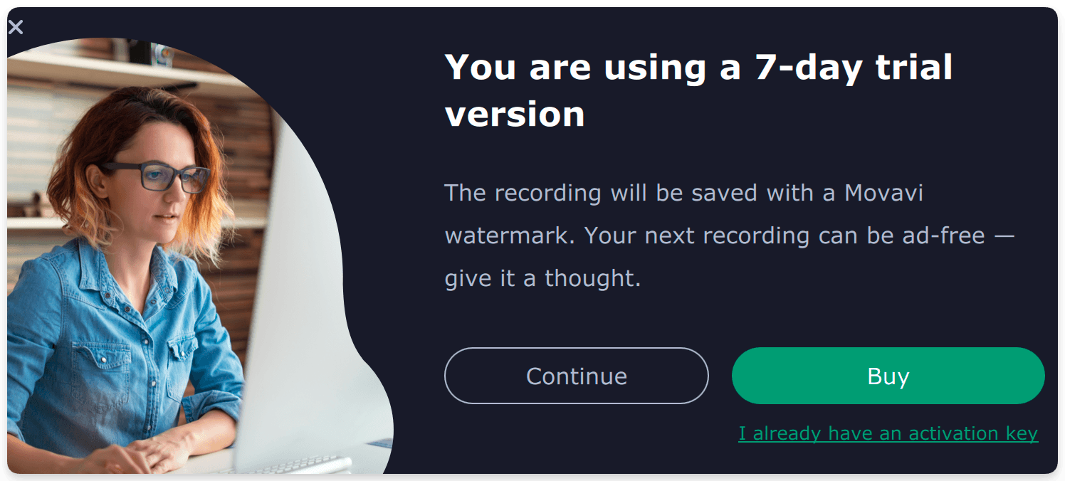 Movavi's free trial popup CTA