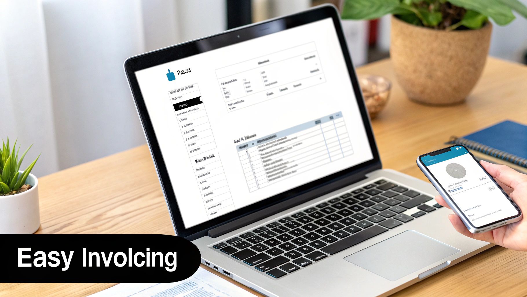 A person's hand holds a smartphone next to a laptop displaying a digital invoice, symbolizing easy invoicing.