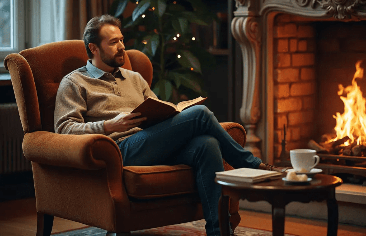  A man relaxing in a comfortable armchair