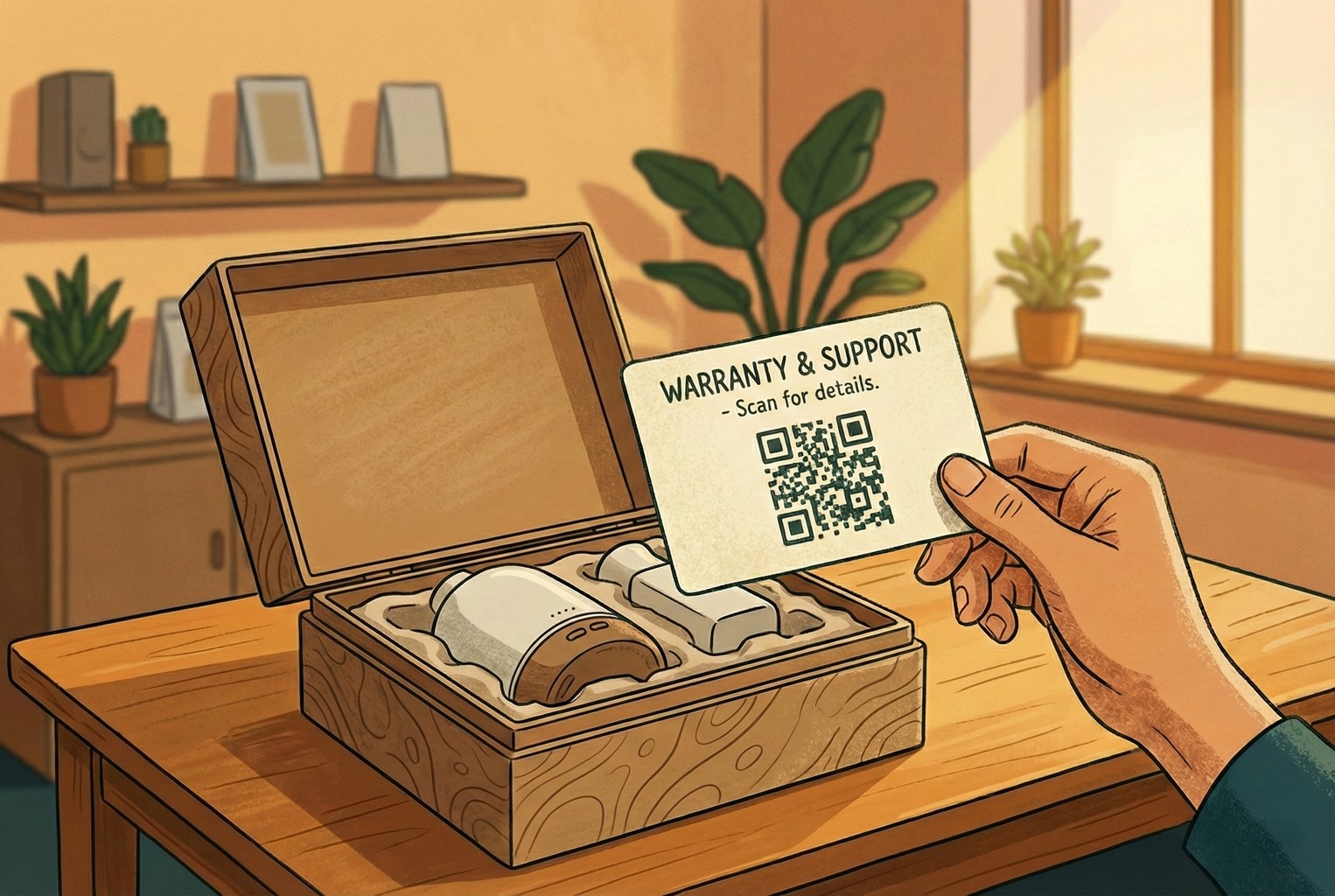 QR code printed on a warranty card inside product packaging to help customers access registration, troubleshooting, or spare parts later