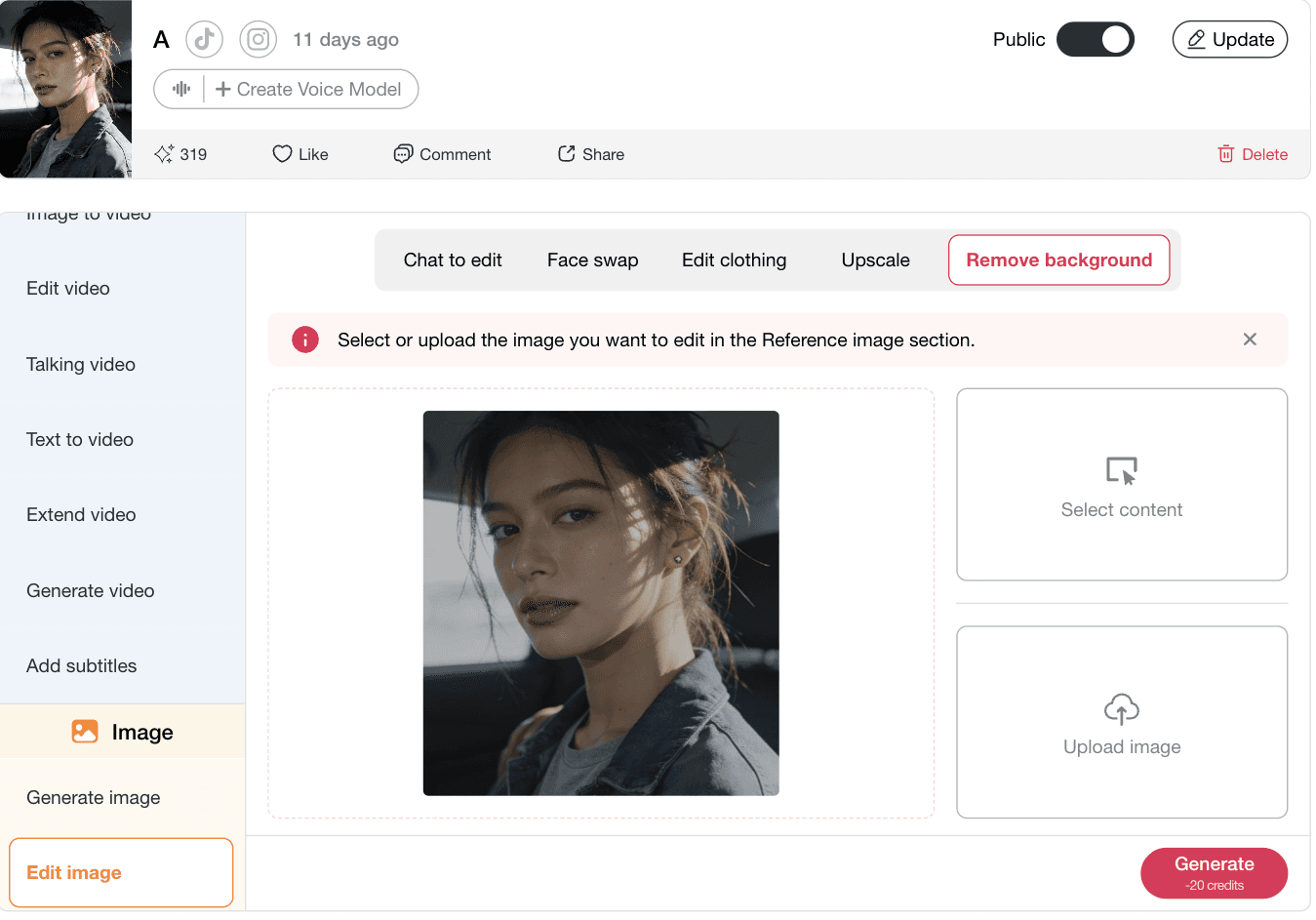 APOB AI remove background tool selected to make image transparent and create a clean transparent PNG from a portrait photo