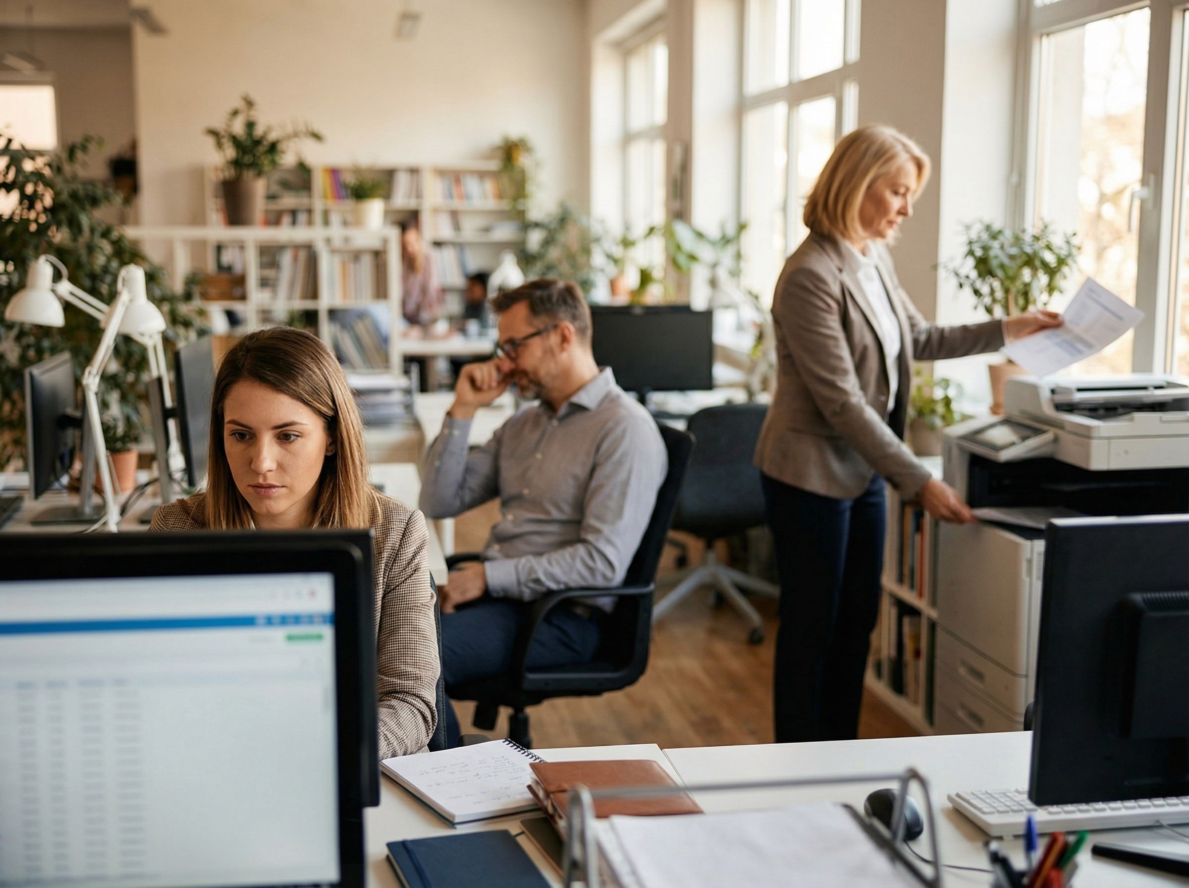 A sequence of three people in a bright, open-plan office, each at their own desk, captured in a single wide frame with a shallow plane of focus that moves through the space. In the foreground, a WHS coordinator in her early 30s is looking at her screen with a focused expression, clearly reviewing something. In the middle ground, a HR director in his mid-40s is leaning back slightly, reading his screen with an approving nod. In the background, a CFO in her late 50s is reaching for a document on her printer — the final output arriving. The three are not interacting with each other. Each is at their own stage of the same process, separated by space and by the depth of field. The scene captures the feeling of a structured review chain — the report moves through defined approval steps before it reaches the board, with each reviewer seeing the version relevant to their role.