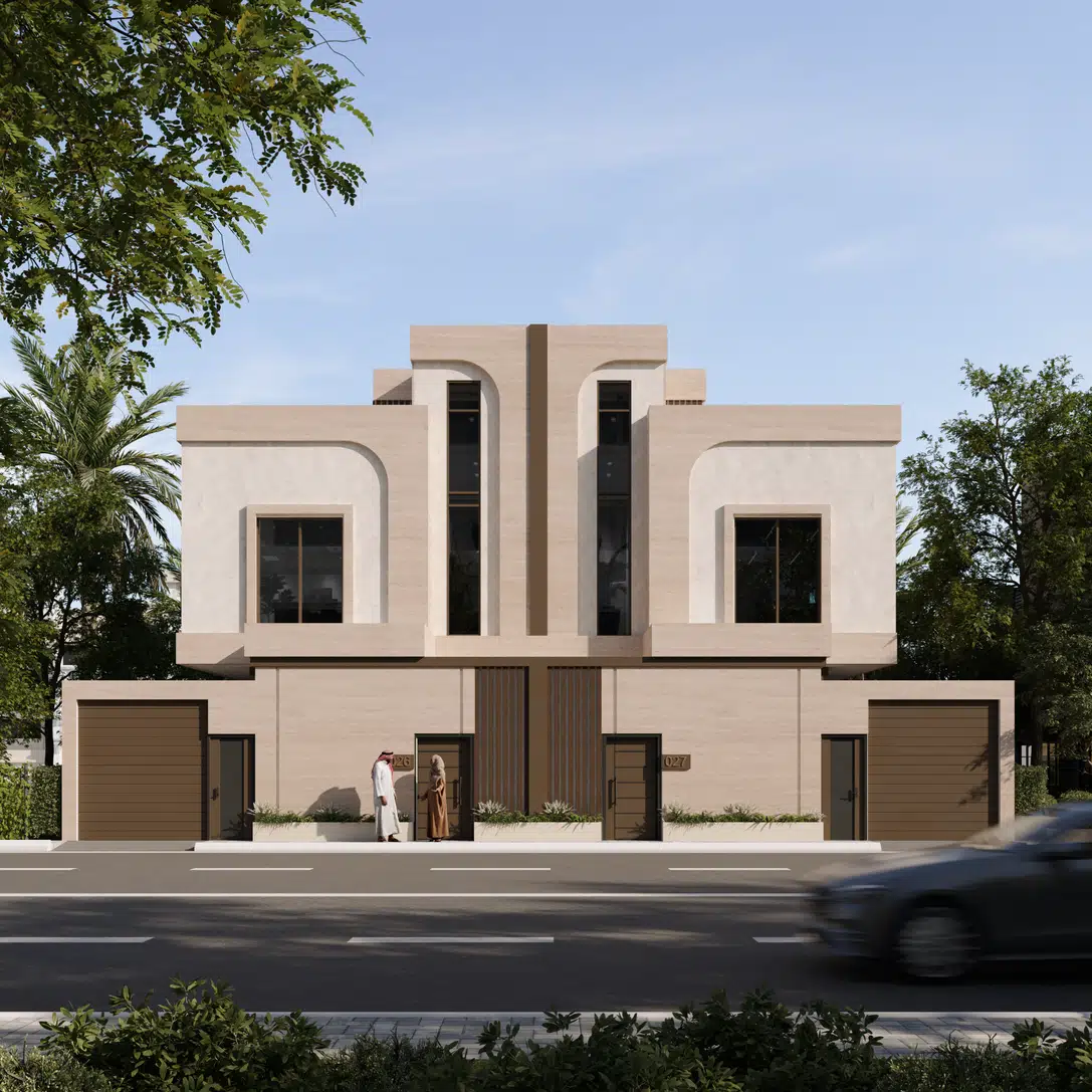 واجهة توأم فيلا سكنية حديثة بتصميم معماري معاصر وتشطيبات حجرية فاتحة ونوافذ رأسية كبيرة.