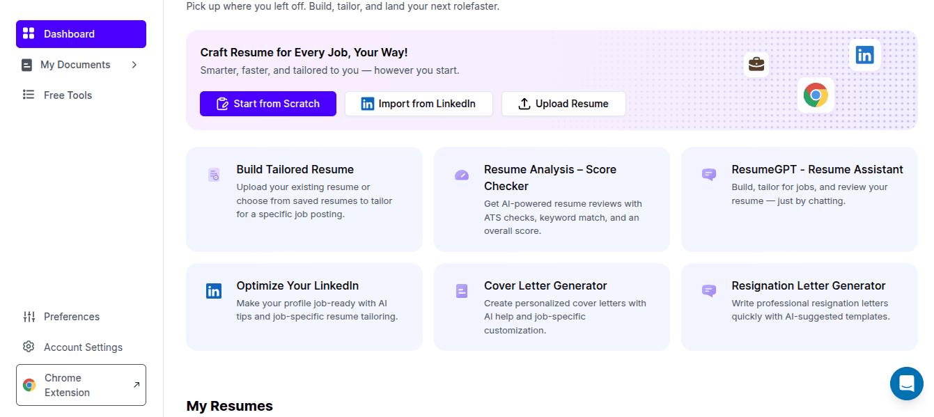 ResumeUp.AI dashboard showing resume, ATS score, LinkedIn, and cover letter tools