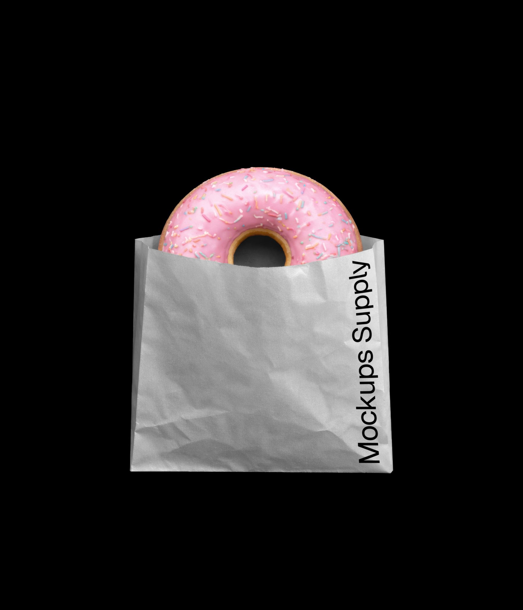 Pink sprinkle donut in white paper bag mockup on black background for Photoshop download psd on Mockups Supply
