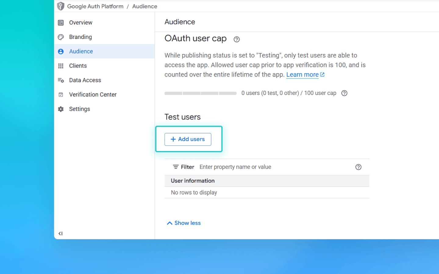 In the Test Users section, click Add Users.