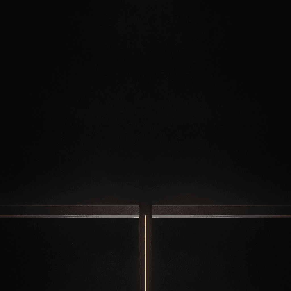Single thin orange seam dividing two black architectural planes against deep void