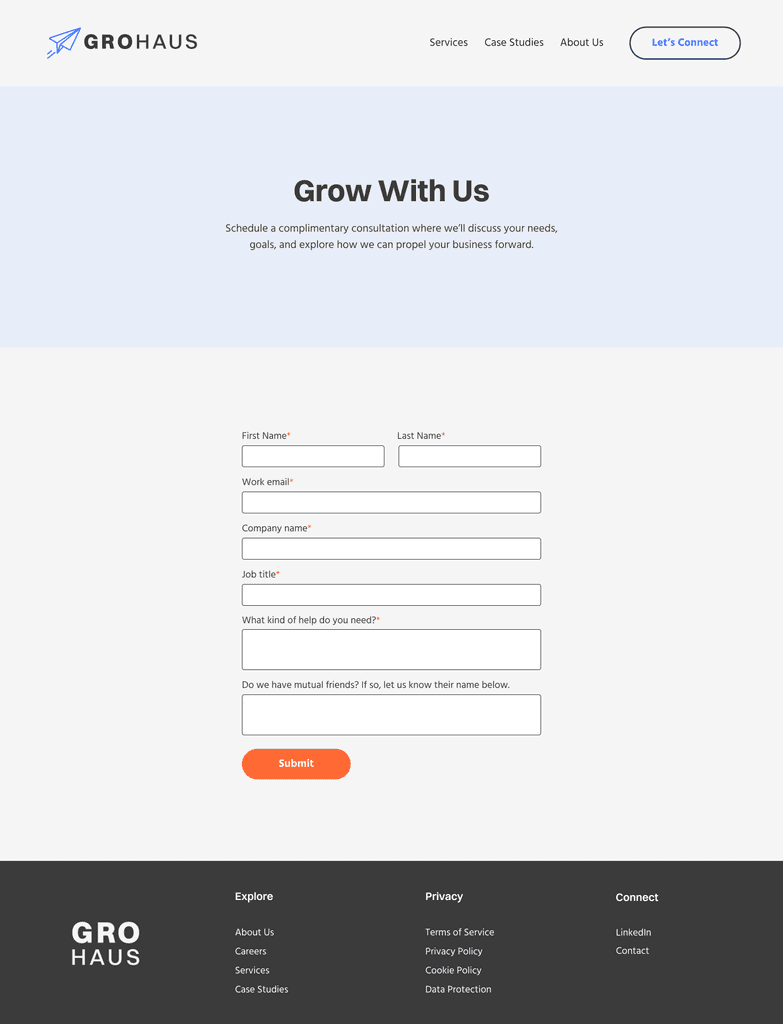 Screenshot of the updated GROHAUS contact form, simplified so that users only have one method to contact the agency.