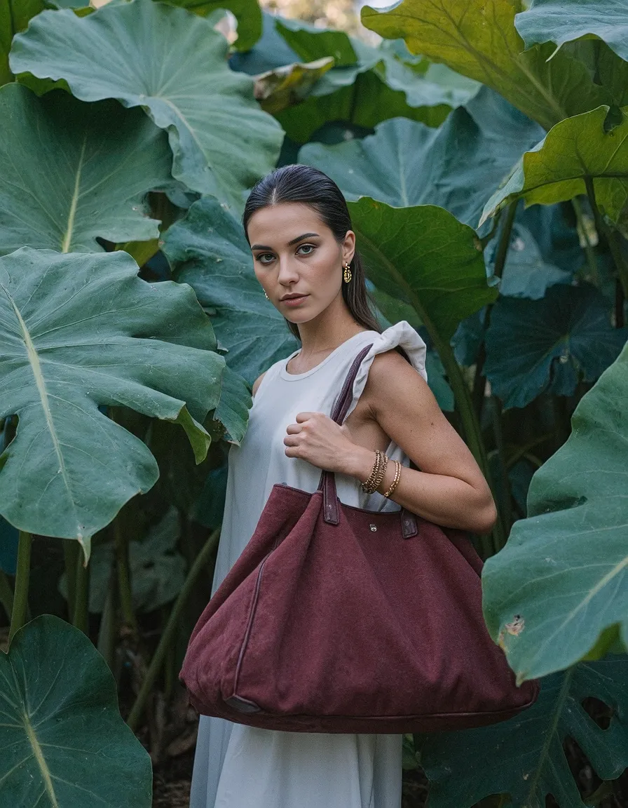 Fashion portrait surrounded by large tropical leaves, featuring a model in white dress holding a burgundy tote bag with gold jewelry